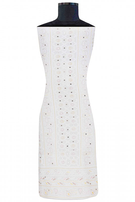 Ada Hand Embroidered White Georgette Lucknowi Chikan Unstitched Kurta Piece With Mirror Work A511727