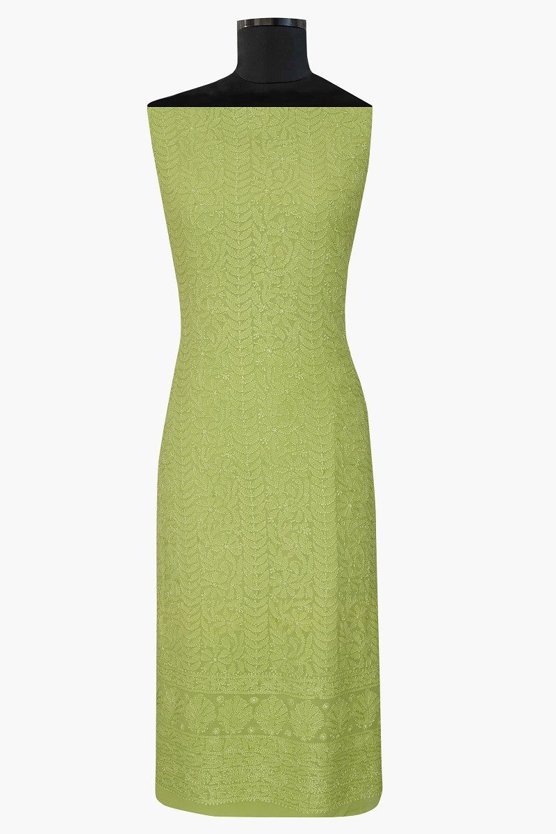 Ada Hand Embroidered Green Georgette Lucknowi Chikan Unstitched Kurta Dupatta Set A571718