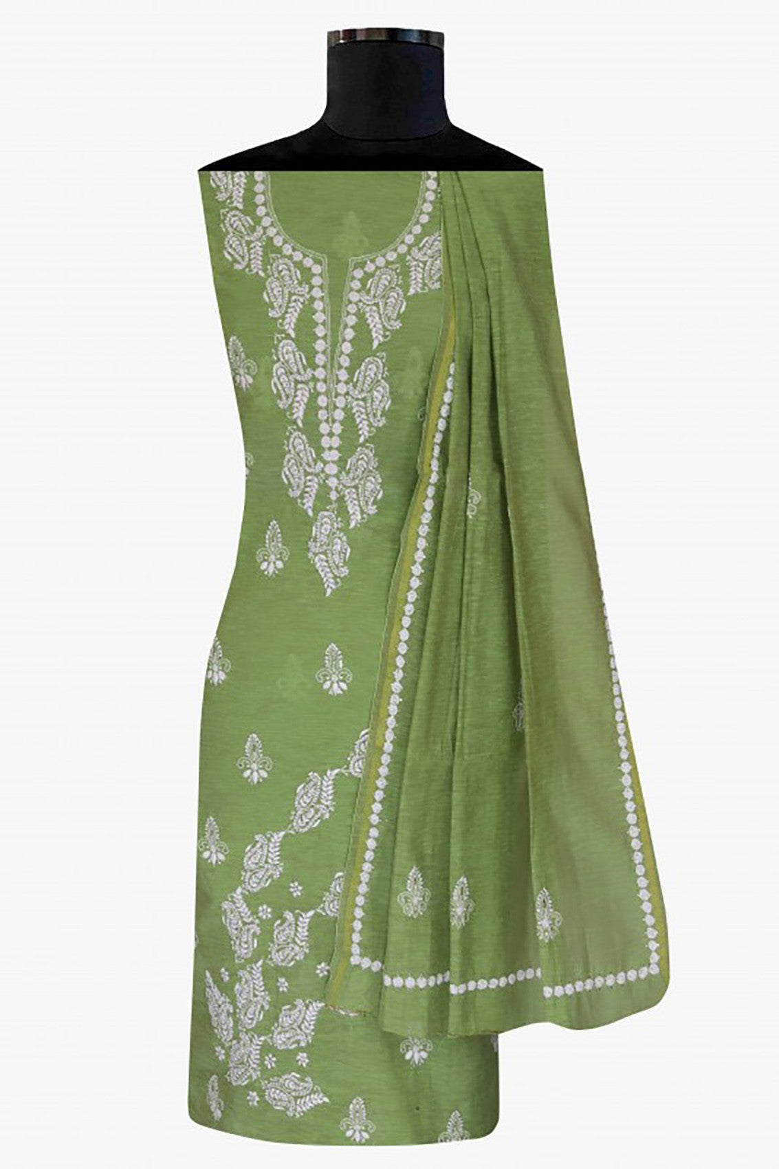 Ada Hand Embroidered Pear Green Khadi Lucknowi Chikankari Unstitched Suit Piece With Muqaish Work 01A10300