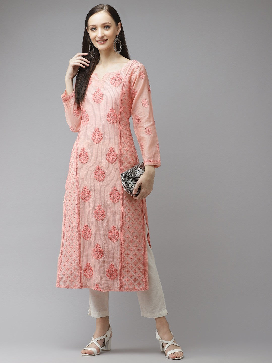 Ada Hand Embroidered Peach Chanderi Lucknow Chikankari Kurta-A411312