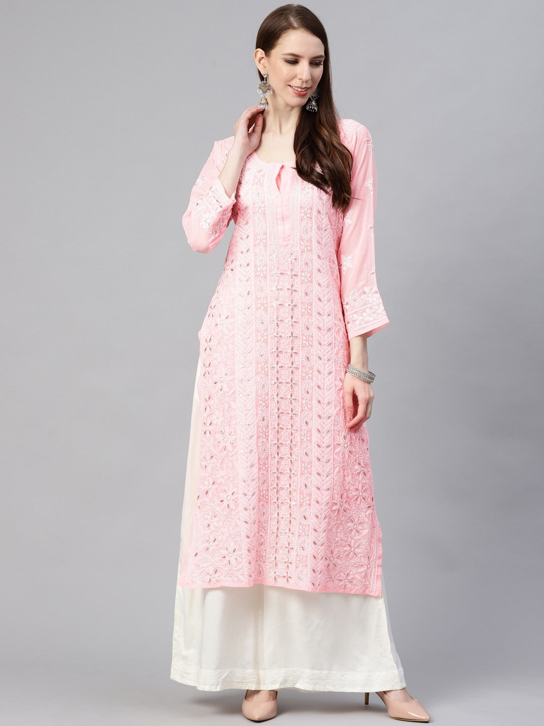 Ada Hand Embroidered Pink Georgette Lucknowi Chikan Straight Kurta/Slip with Gota patti Work A411112