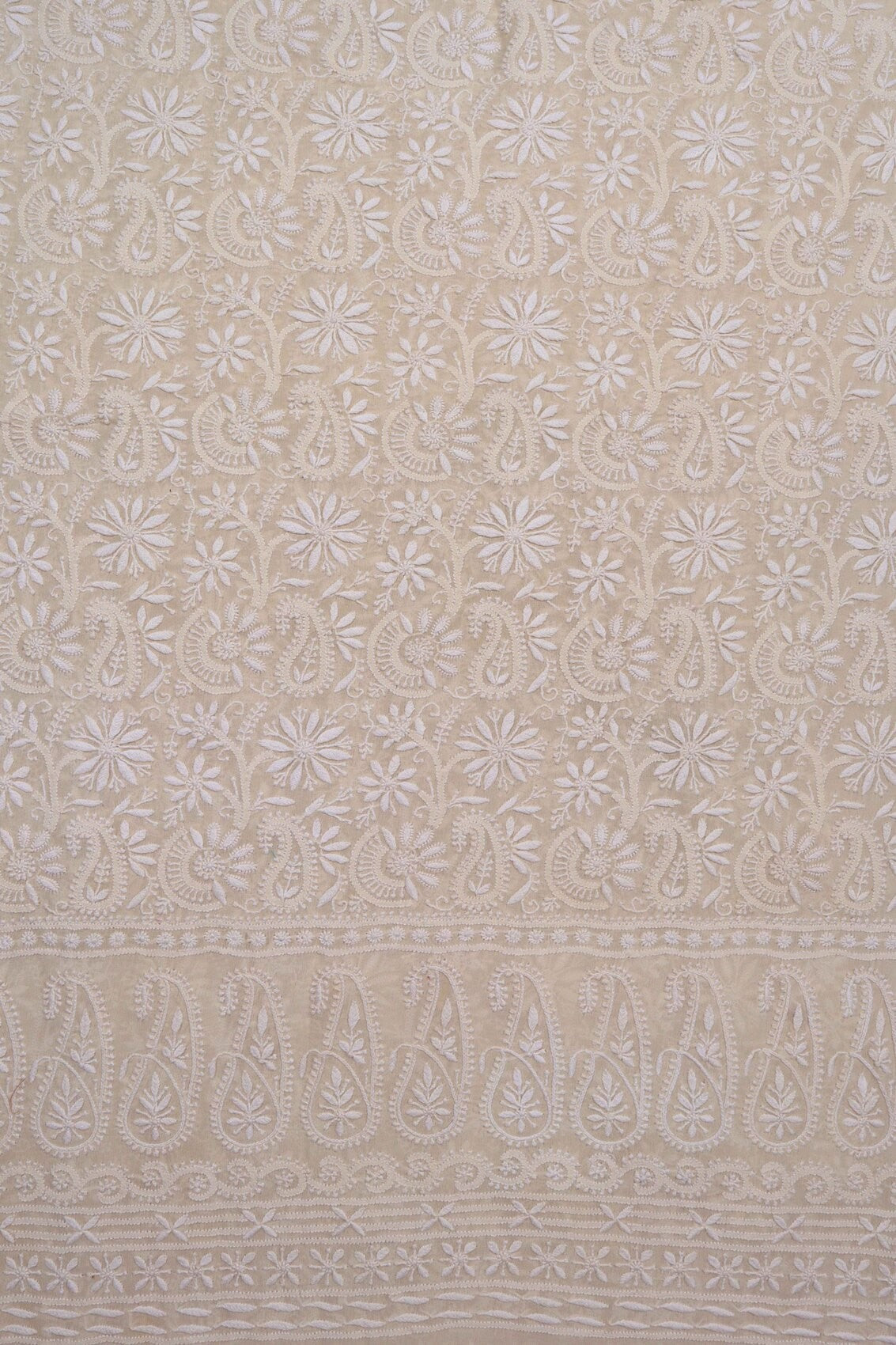 Ada Hand Embroidered Cream Pure Georgette Lucknowi Chikankari Unstitched Kurta Dupatta Set A70992