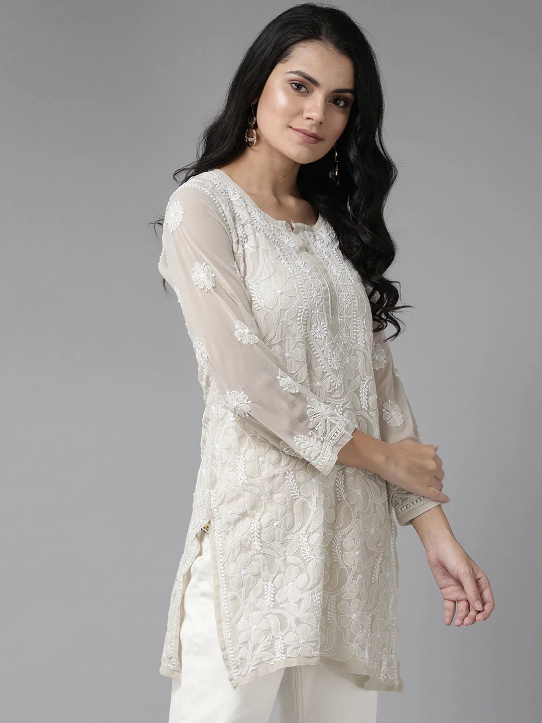 Ada Hand Embroidered Grey Georgette Lucknowi Chikankari Straight Kurti A911124