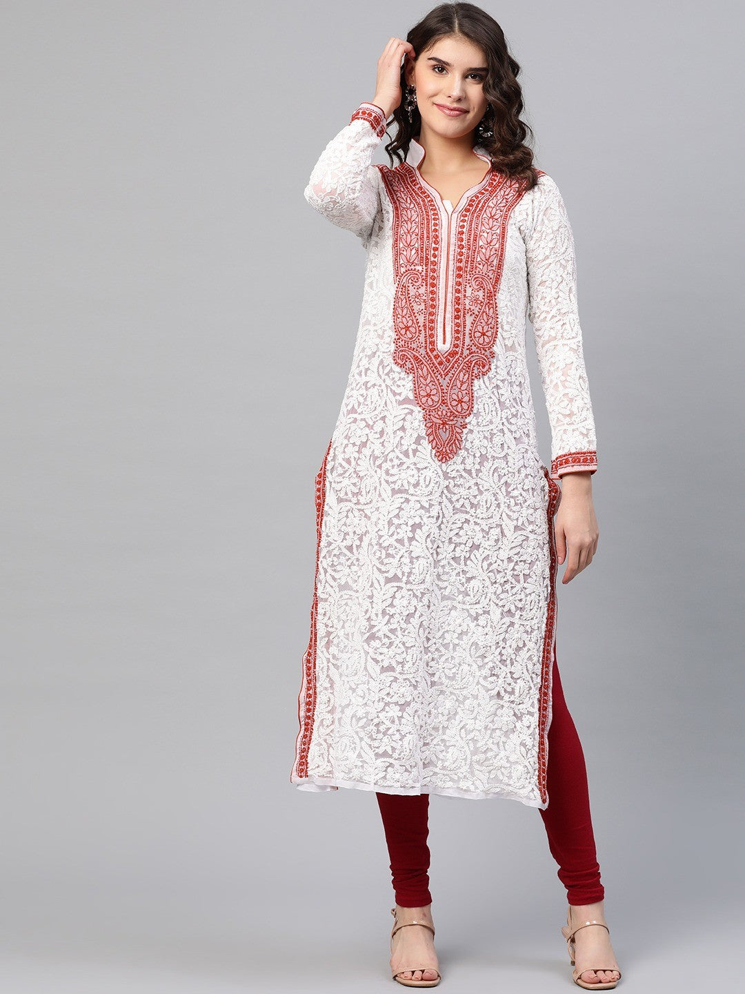 Ada Hand Embroidered White Georgette Lucknow Chikan Kurta A237423