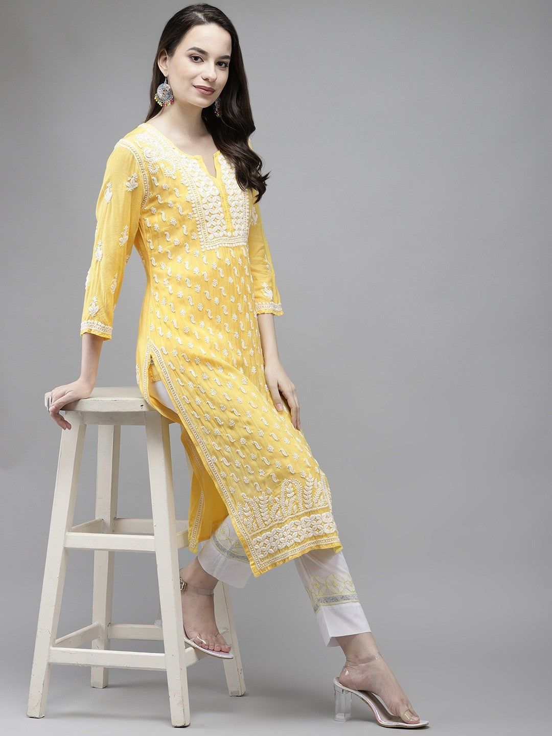 Ada Hand Embroidered Yellow Muslin Lucknowi Chikankari Kurta A411295