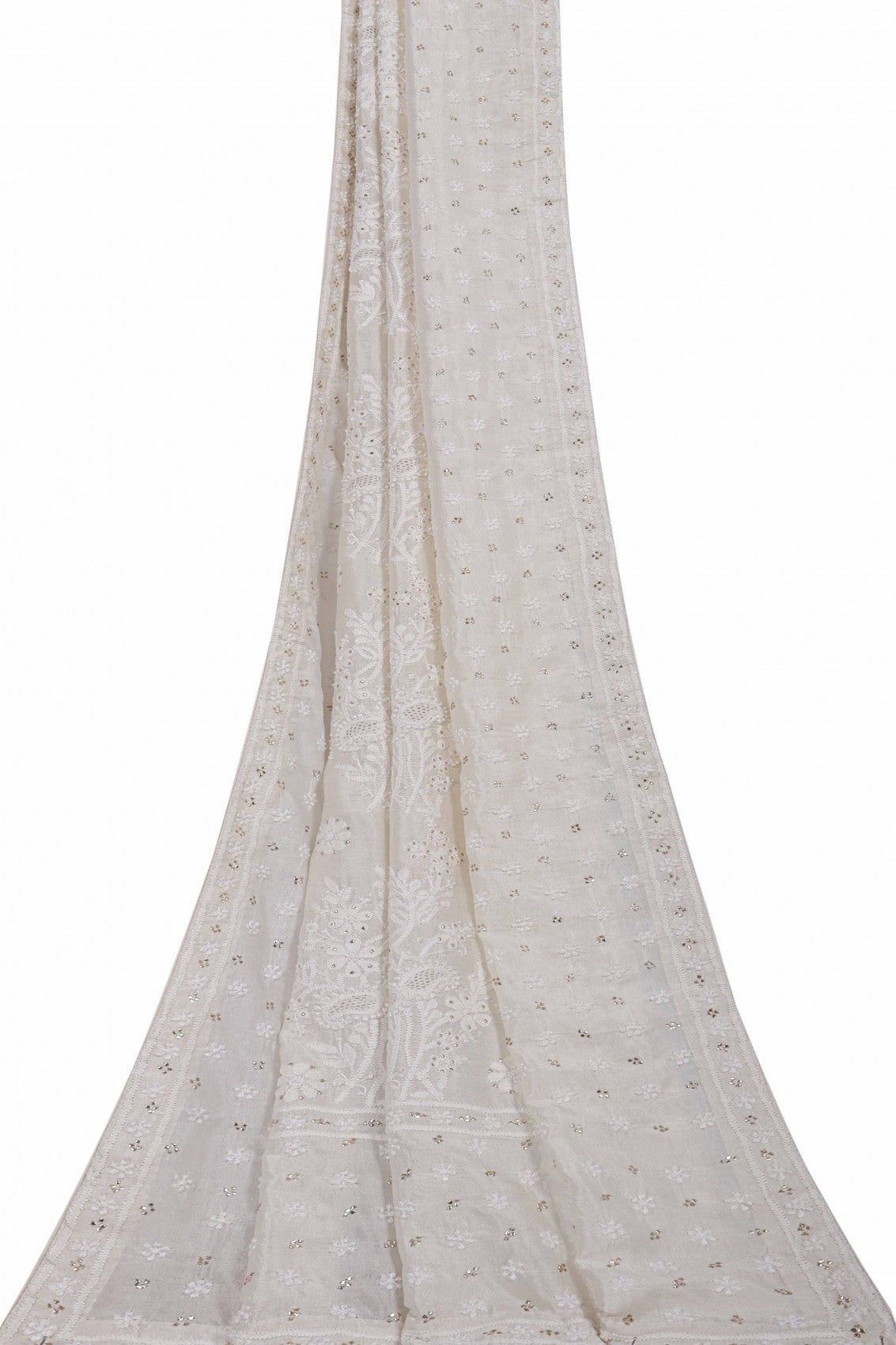 Ada Hand Embroidered White Chanderi Lucknowi Chikankari Dupatta With Muqaish Work 01A124736