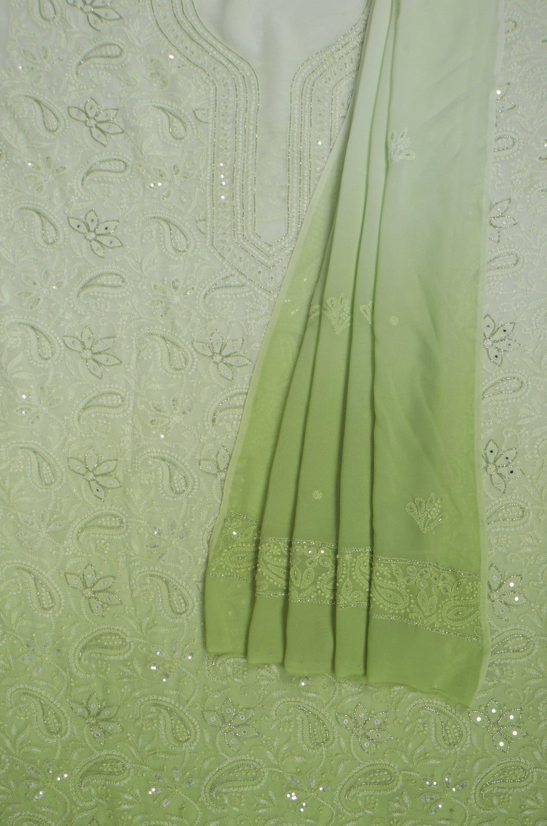 Ada Hand Embroidered Mint Green & Green Ombre Shade Georgette Lucknowi Chikankari Unstitched Kurta Dupatta Set With Cutdana Work 01A255322