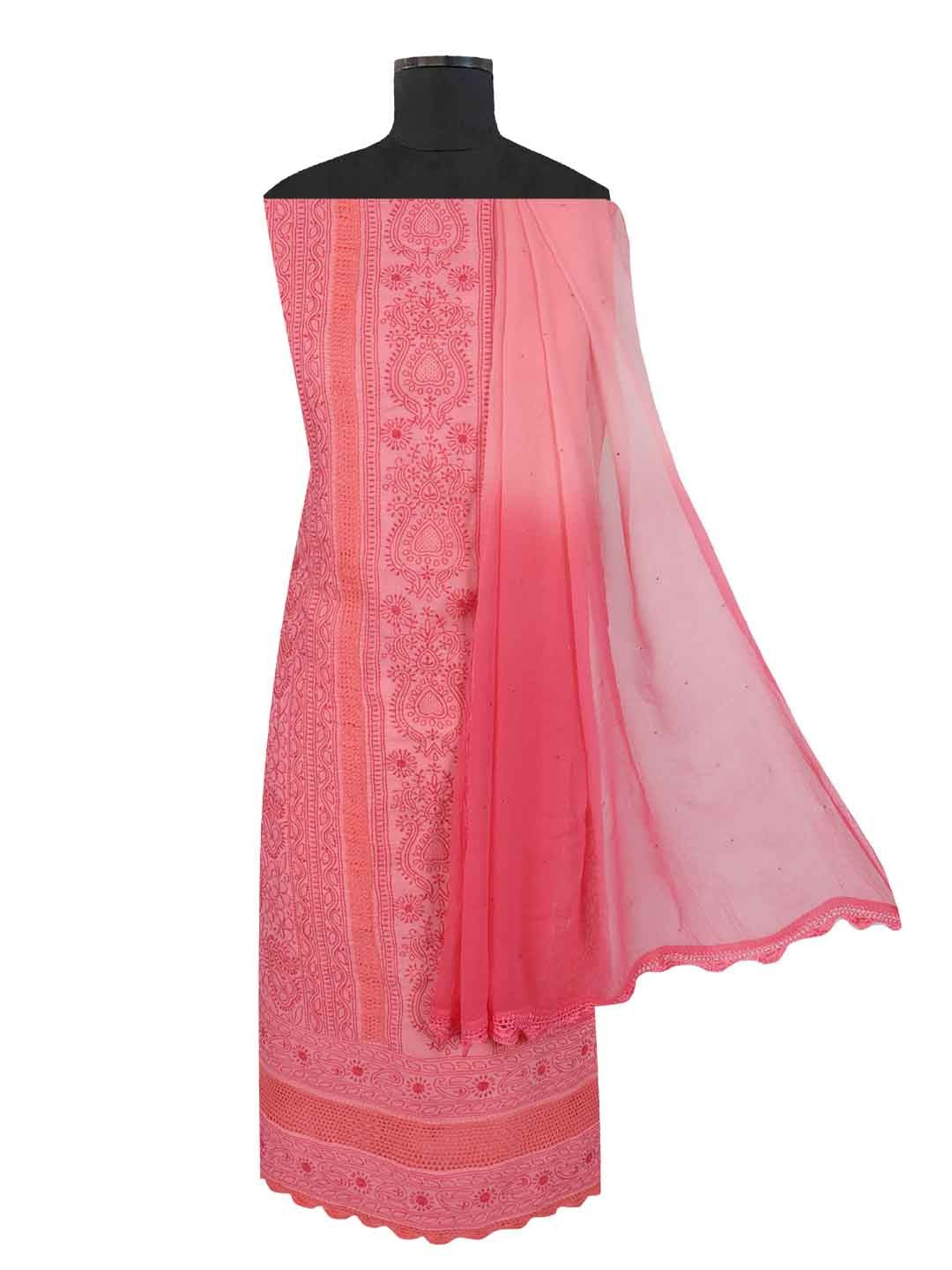 Ada Hand Embroidered Flamingo Pink Cotton Lucknowi Chikankari Unstitched Suit Piece 01A205558