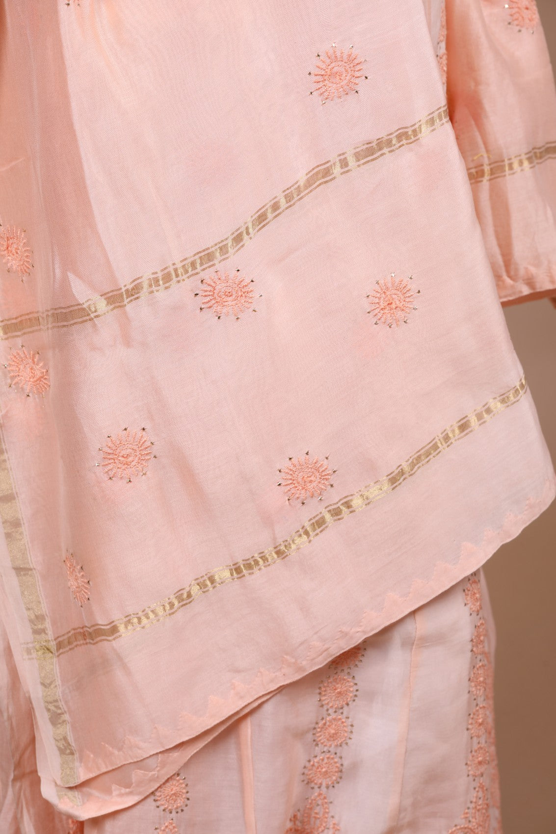 Ada Hand Embroidered Salmon Peach Chanderi Lucknowi Chikankari Semi-Stitched Anarkali Kurta Dupatta Set With Muqaish Work A588008
