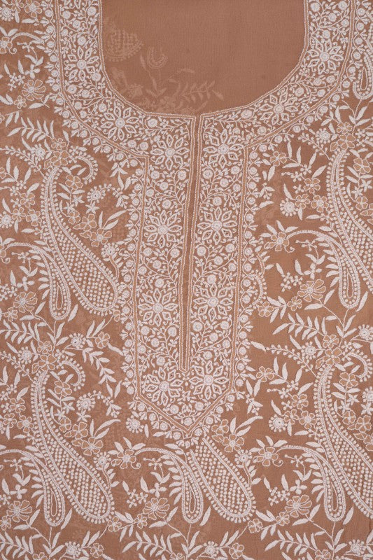 Ada Hand Embroidered Fawn Pure Georgette Lucknowi Chikan Unstitched Suit Piece A360354