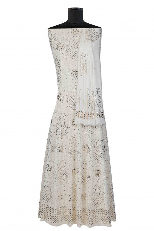Ada Hand Embroidered White Pure Georgette Semi-Stitched Anarkali Kurta Dupatta Set With Muqaish Work A604494