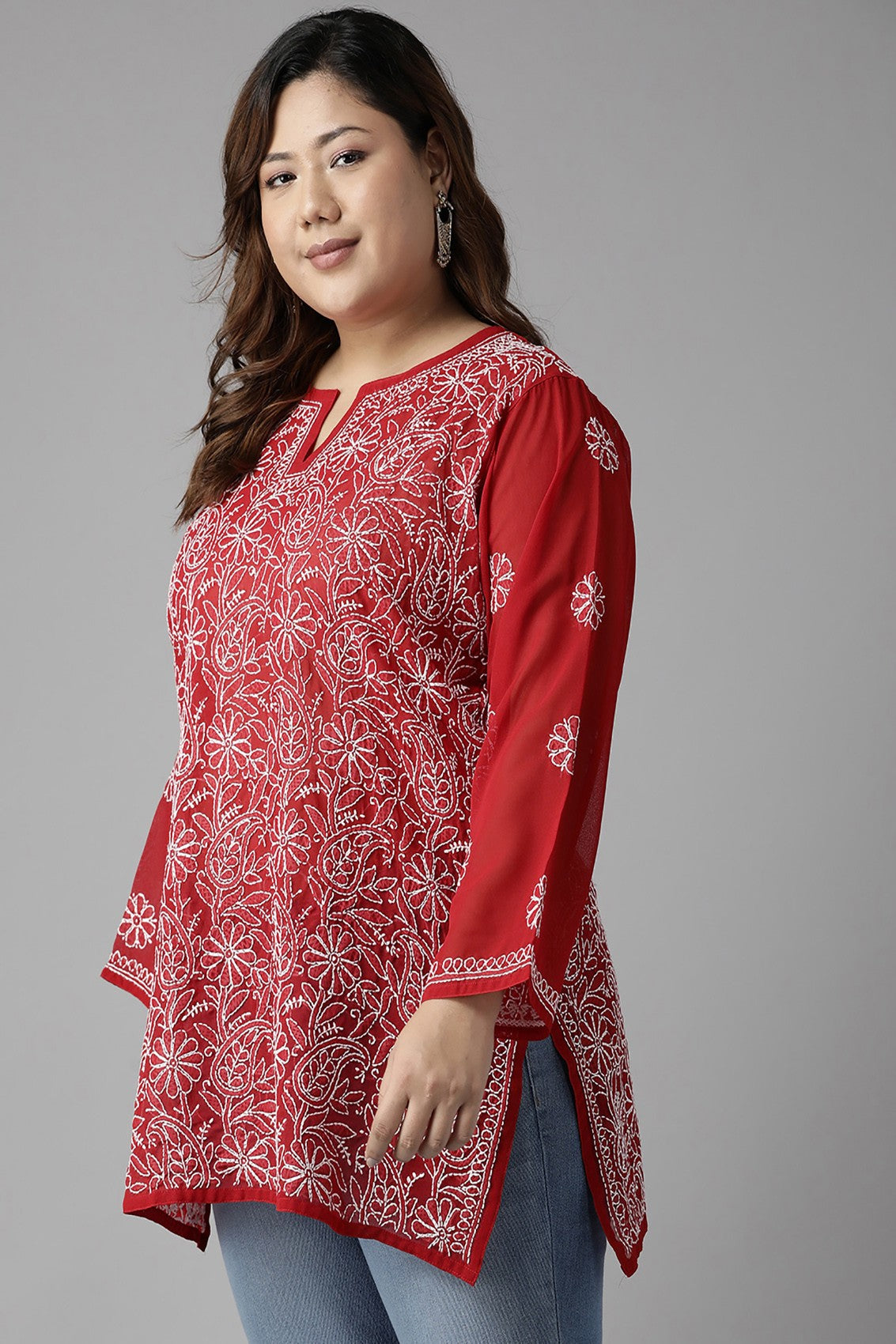 Ada Hand Embroidered Red Georgette Lucknowi Chikankari Straight Kurti A911230