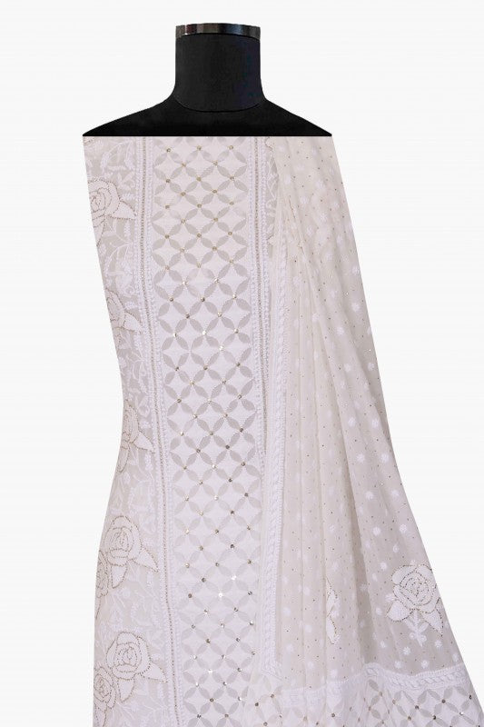 Ada Hand Embroidered White Pure Georgette Lucknowi Chikankari Unstitched Kurta Dupatta Set With Muqaish Work 01A124386