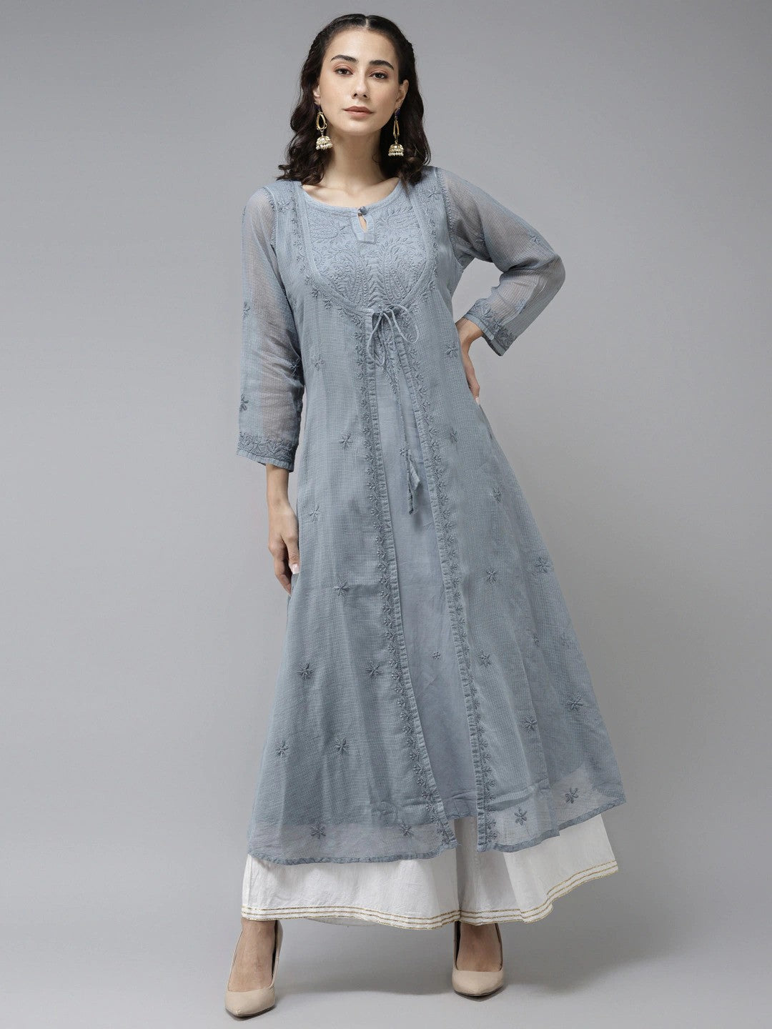 Ada Hand Embroidered Grey Kota Lucknowi Chikankari A-Line Kurta- A411170
