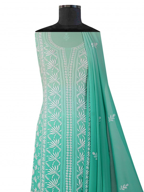 Ada Hand Embroidered Sea Green Pure Georgette Lucknowi Chikan Unstitched Suit Piece A576804