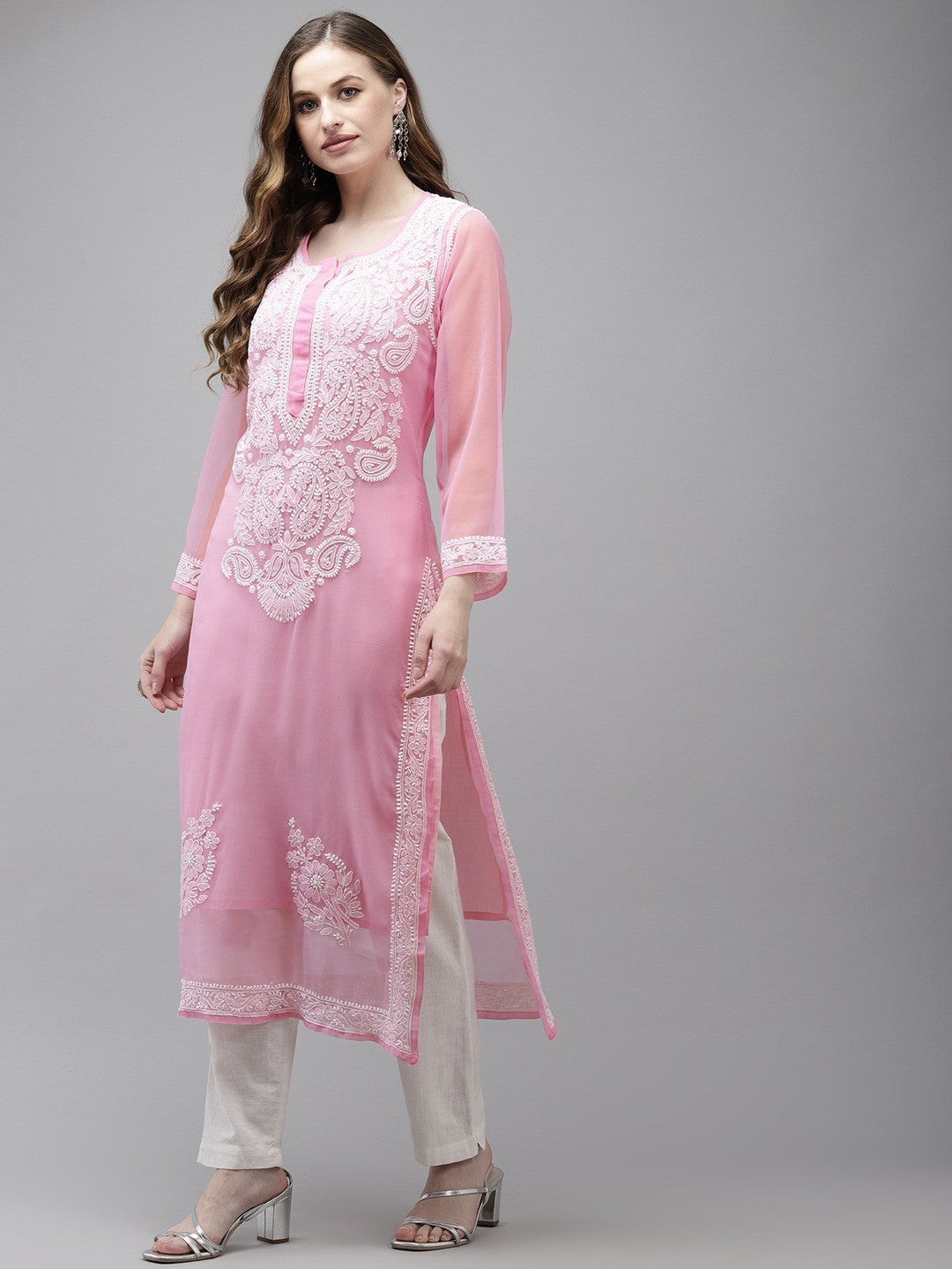 Ada Hand Embroidered Pink Georgette Lucknow Chikan Kurta with Slip A411361