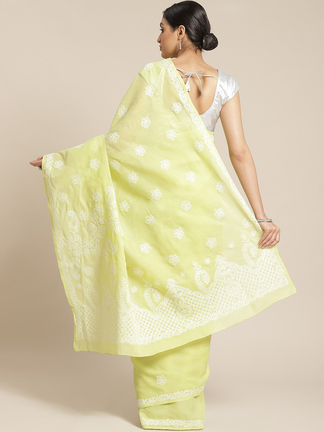 Ada Hand Embroidered Light Green Cotton Lucknow Chikan Saree With Blouse-A311159