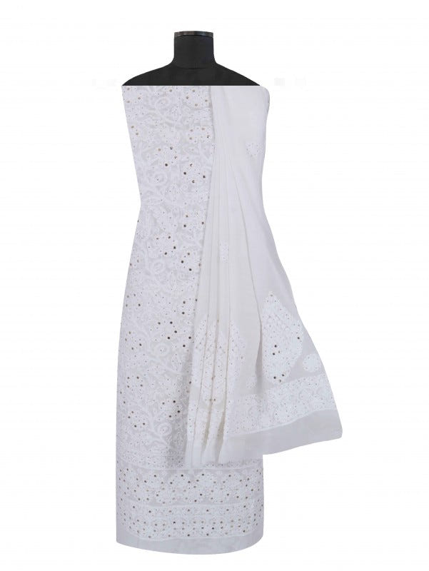 Ada Hand Embroidered White Georgette Lucknowi Chikankari Unstitched Kurta Dupatta Set with Muqaish Work  01A227531
