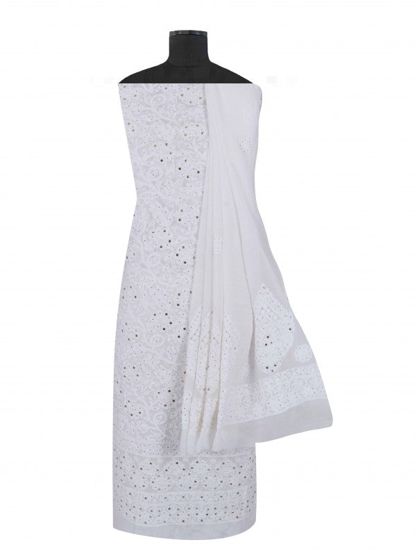 Ada Hand Embroidered White Georgette Lucknowi Chikankari Unstitched Kurta Dupatta Set with Muqaish Work  01A227531
