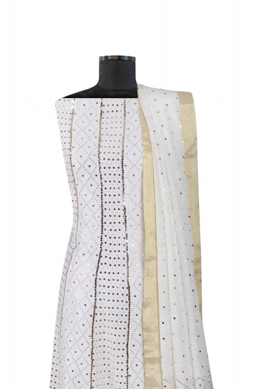 Ada Hand Embroidered White Chanderi Lucknowi Chikankari Semi-Stitched Anarkali Kurta Dupatta Set With Muqaish Work 01A156455