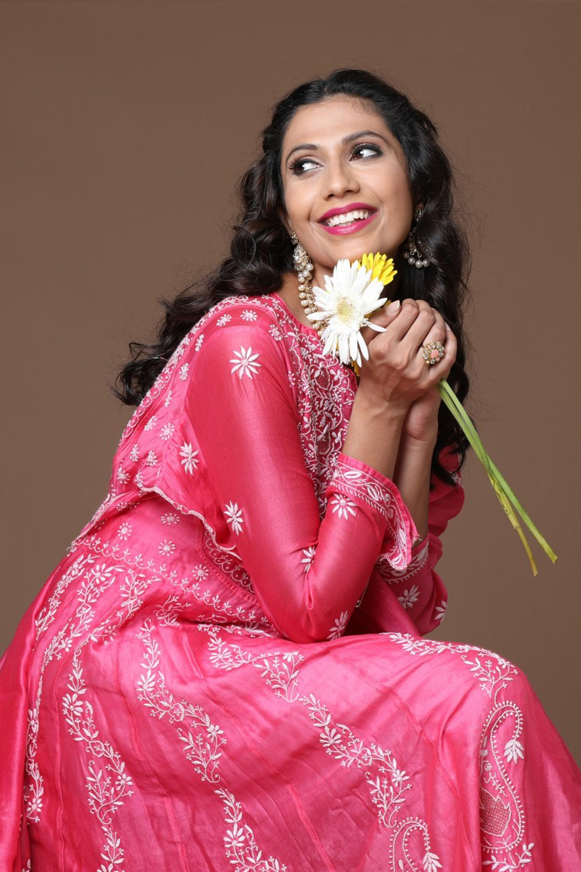 Ada Hand Embroidered Onion Pink Chanderi Lucknowi Chikankari Semi-Stitched Anarkali Kurta Dupatta Set With Zari Work 01A205812