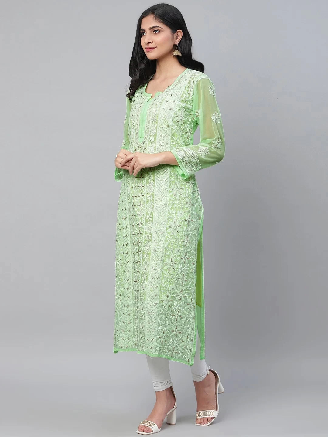 Ada Hand Embroidered Green Georgette Lucknowi Chikankari Straight Kurta/Slip With Gota Patti Work A411110