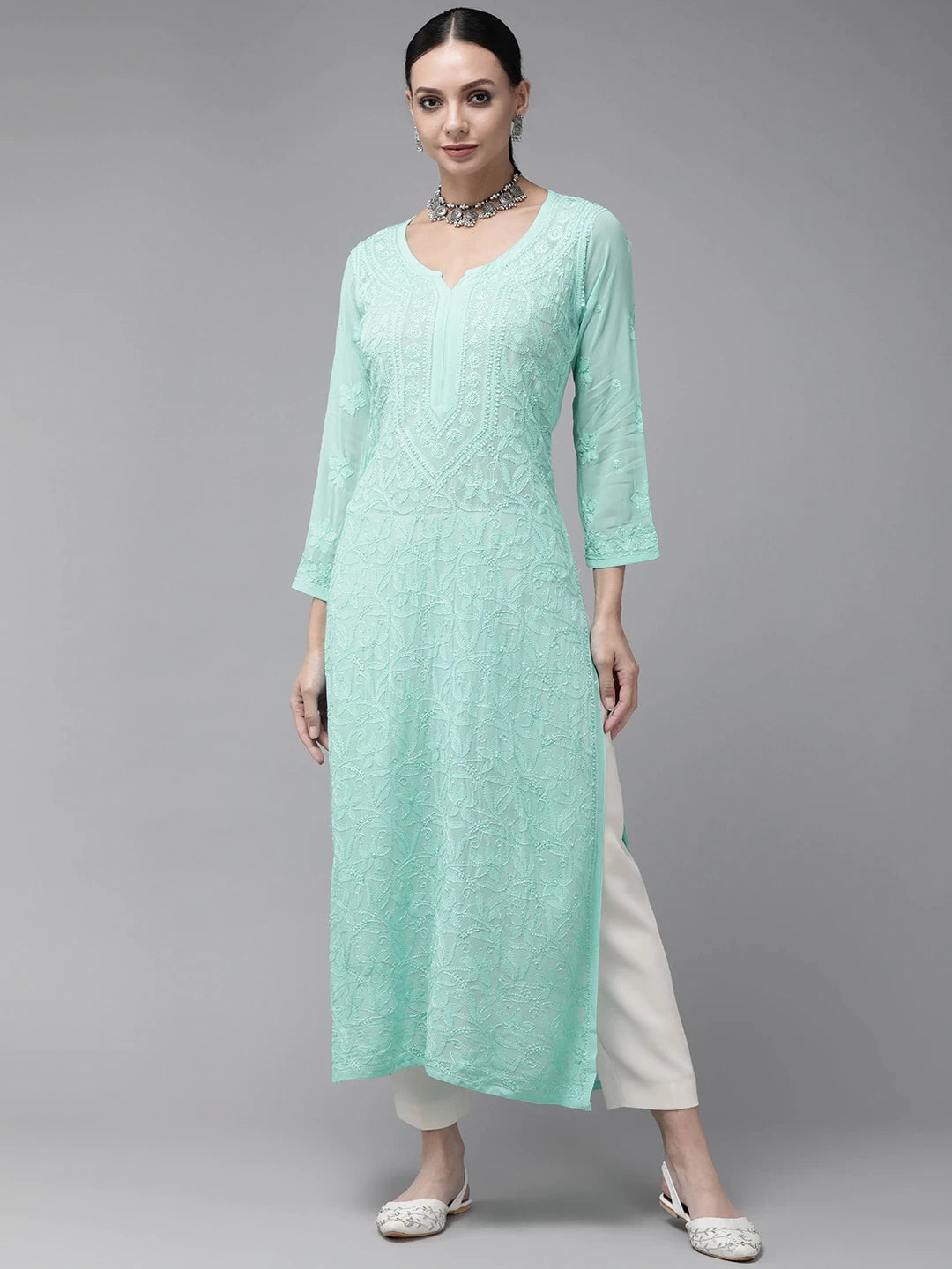 Ada Hand Embroidered Sea Green Georgette Lucknowi Chikankari Straight Kurta A411337