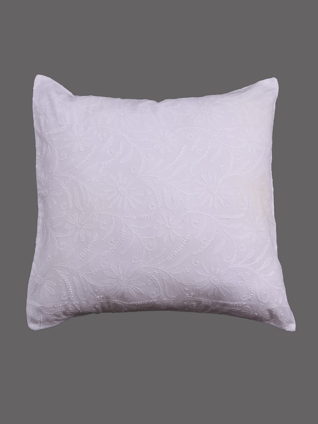 Ada Hand Embroidered White Cotton Lucknow Chikankari Cushion Cover A011103