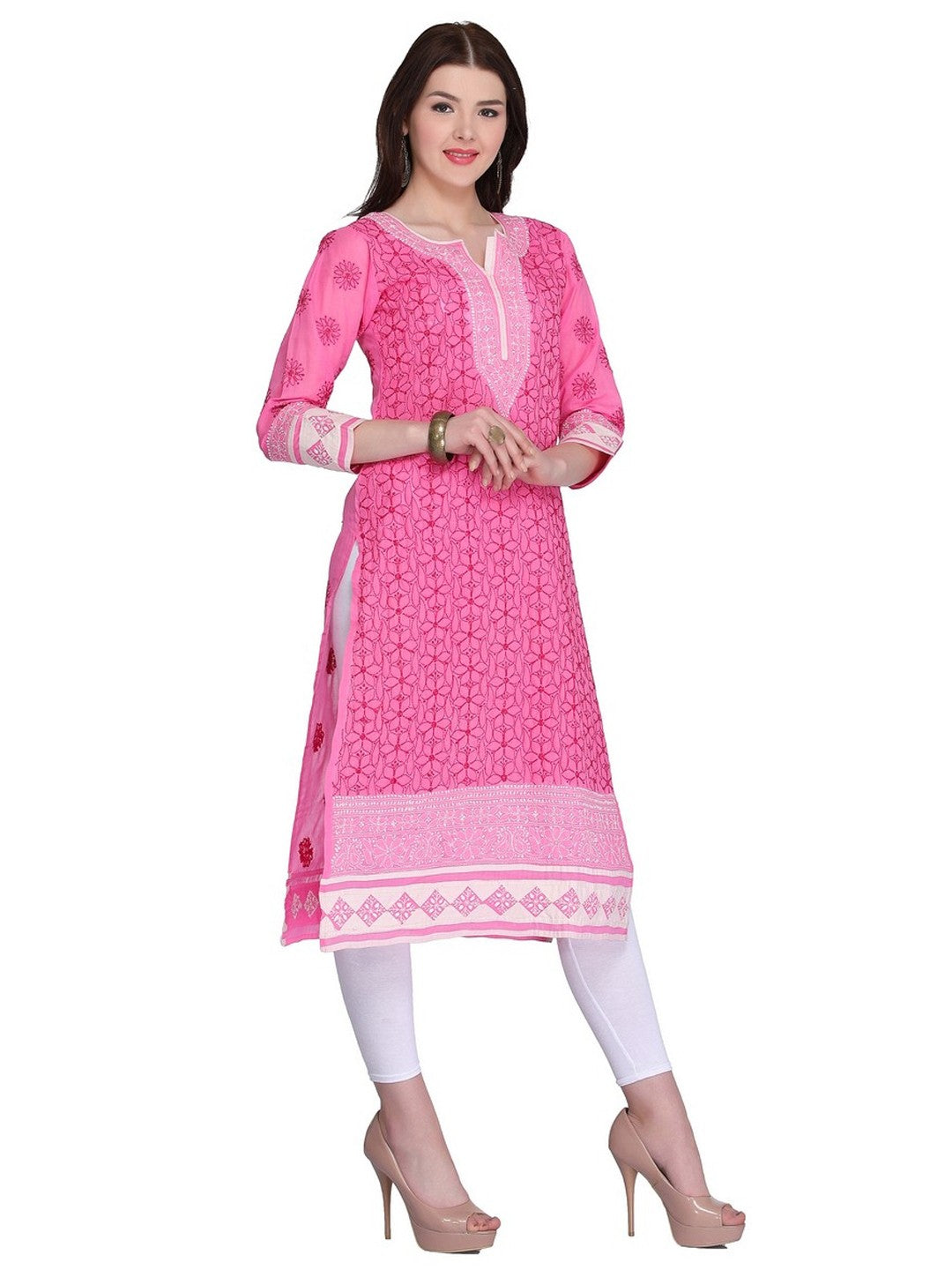 Ada Hand Embroidered Pink Cotton Lucknow Chikan Kurti- A272678