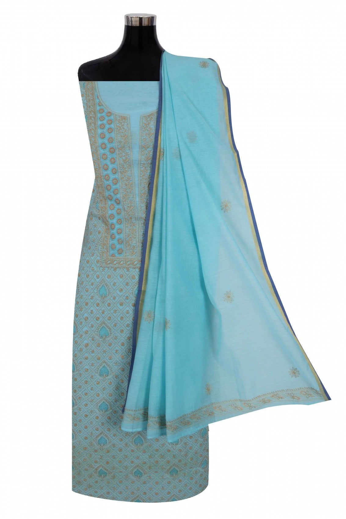 Ada Hand Embroidered Powder Blue Chanderi Lucknowi Chikan Unstitched Suit Piece A609234