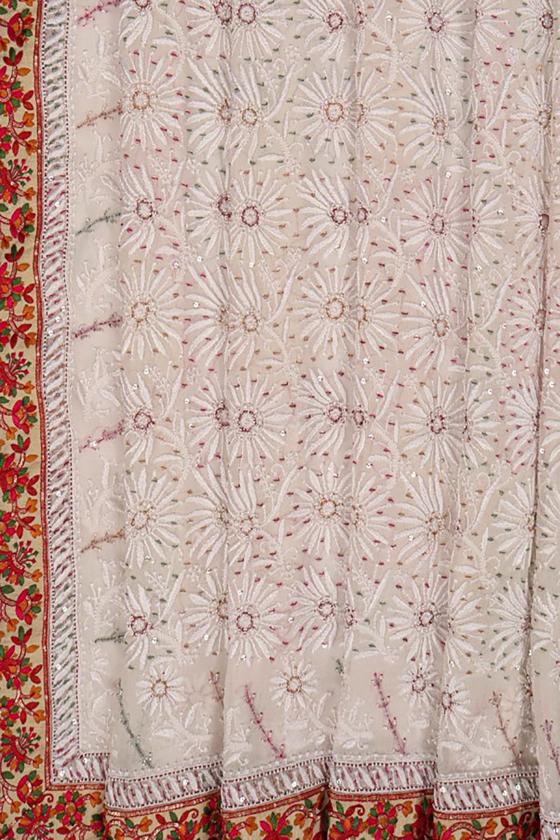 Ada Hand Embroidered Off White Pure Georgette Lucknowi Chikankari Saree/Blouse With Parsi Work 01A13889