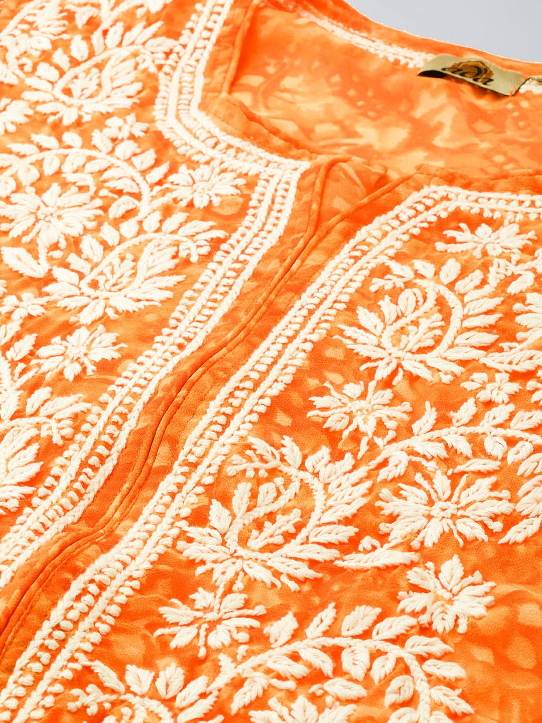 Ada Hand Embroidered Orange Faux Georgette Lucknow Chikankari Kurta- A100463