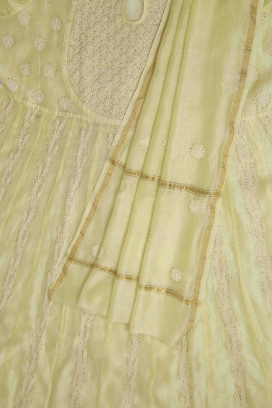 Ada Hand Embroidered Lemon Chanderi Lucknowi Chikankari Semi-Stitched Anarkali Kurta Dupatta Set With Muqaish Work A559713