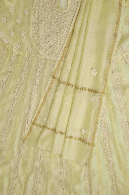 Ada Hand Embroidered Lemon Chanderi Lucknowi Chikankari Semi-Stitched Anarkali Kurta Dupatta Set With Muqaish Work A559713