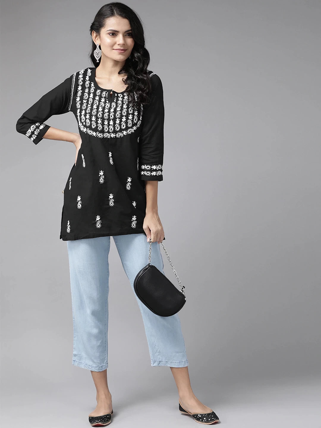 Ada Hand Embroidered Black Cotton Lucknowi Chikankari Straight Kurti- A911118