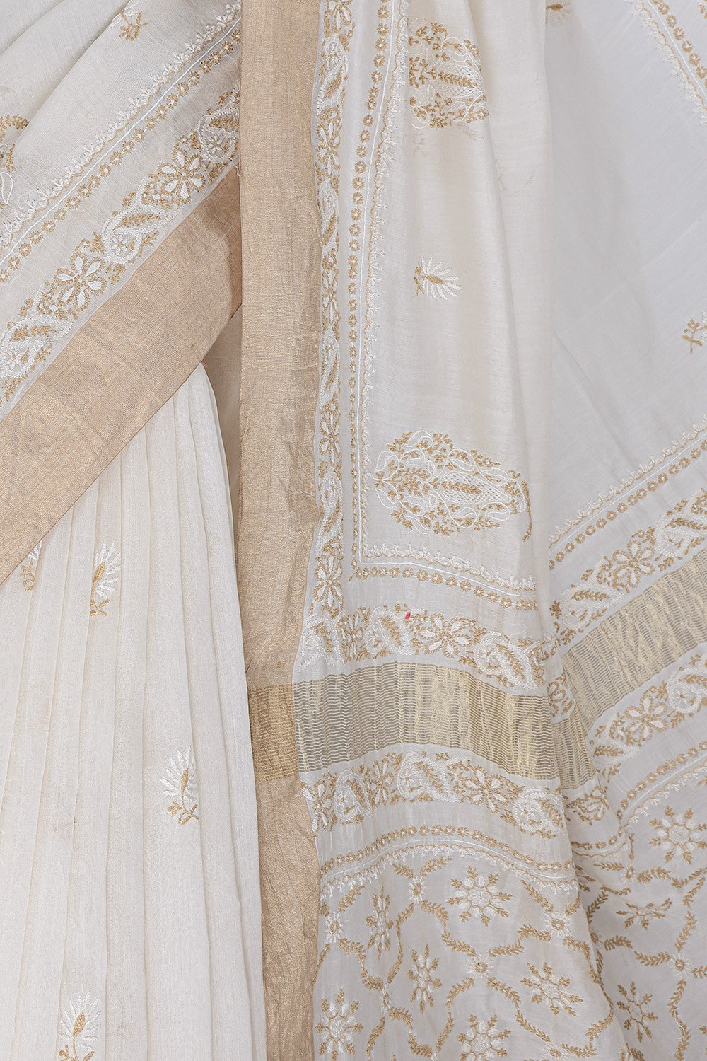 Ada Hand Embroidered Cream Chanderi Lucknowi Chikankari Saree With Blouse A606173