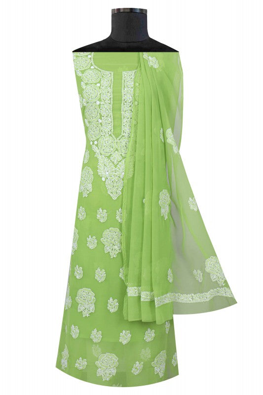 Ada Hand Embroidered Grass Green Georgette Lucknowi Chikankari Unstitched Suit Piece A211216