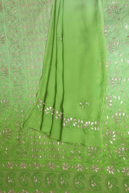 Ada Hand Embroidered Parrot Green Shaded Georgette Lucknowi Chikan Unstitched Kurta Dupatta Set with Gota Patti Work A480891