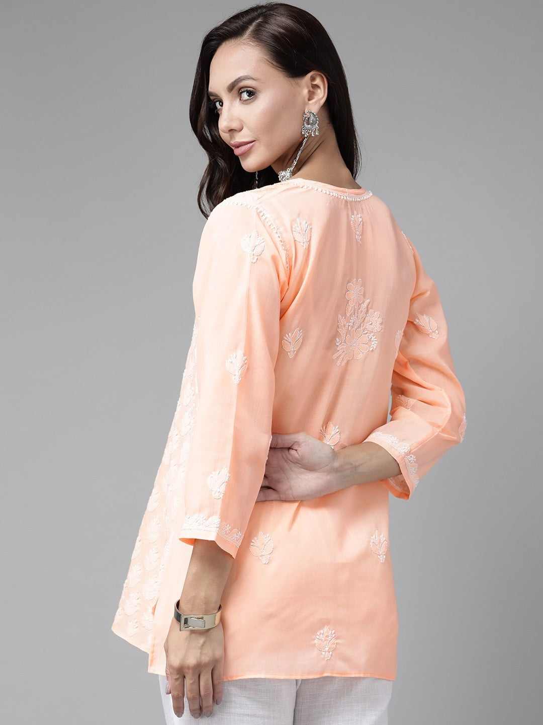 Ada Hand Embroidered Peach Cotton Lucknowi Chikankari Short Kurti A911211
