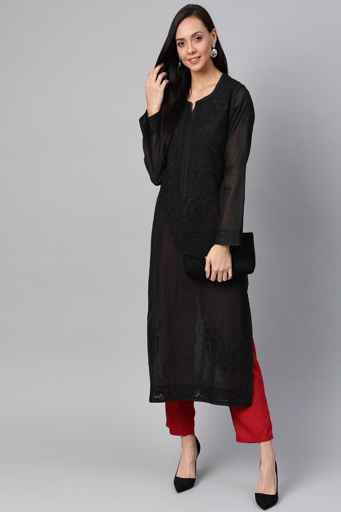 Ada Hand Embroidered Black Chanderi Lucknowi Chikankari Straight Kurta A100478