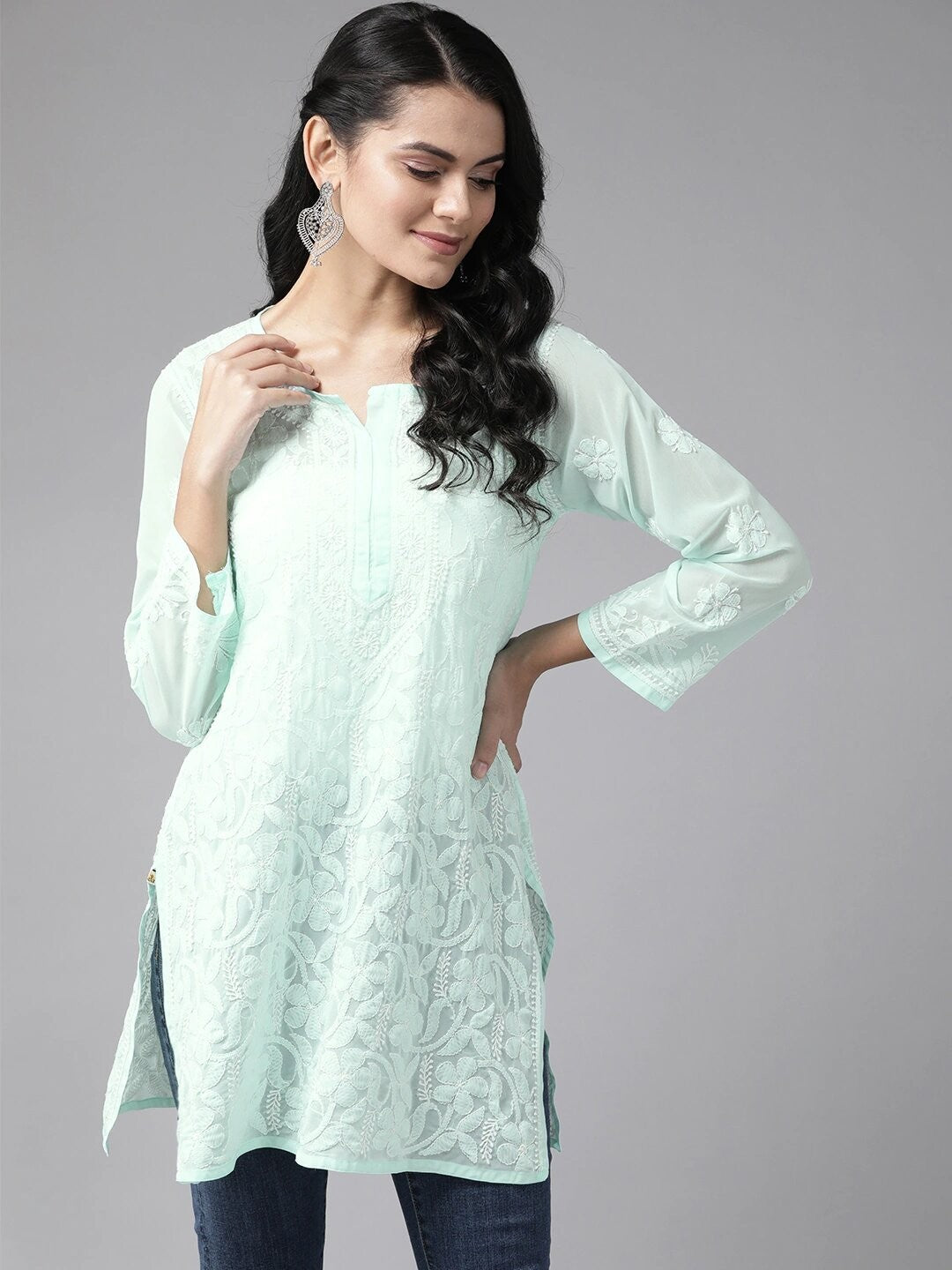 Ada Hand Embroidered Sea Green Georgette Lucknowi Chikankari Straight Kurti A911122