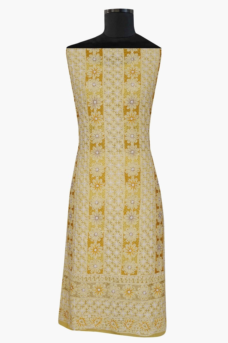 Ada Hand Embroidered Sunglow Yellow Georgette Lucknowi Chikan Unstitched Suit Piece with Muqaish Work A605776