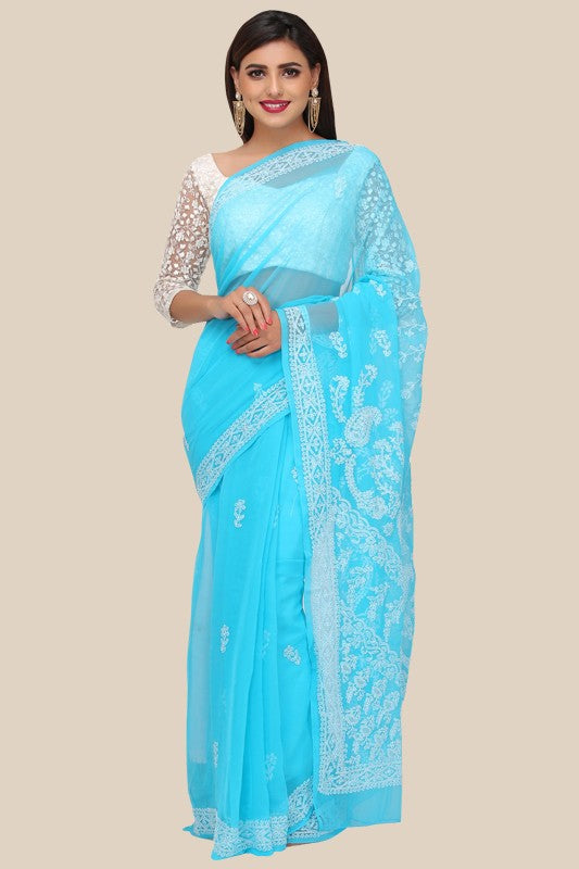 Ada Hand Embroidered Blue Georgette Lucknowi Chikankari  Saree with Blouse  A191647