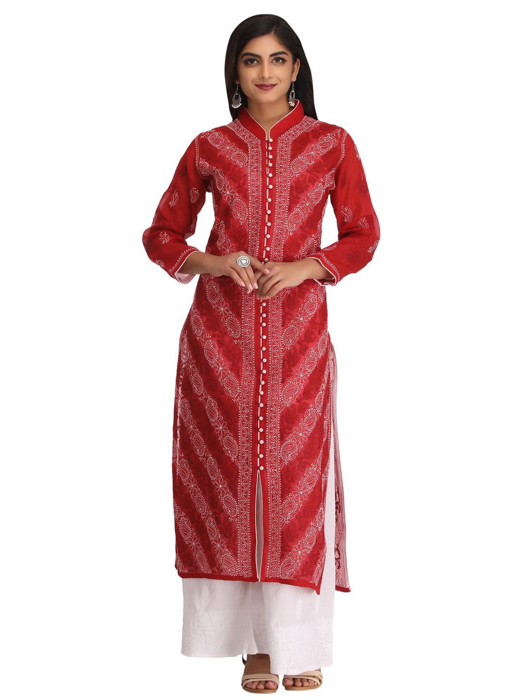 Ada Hand Embroidered Maroon Cotton Lucknow Chikankari Straight Kurta A239008