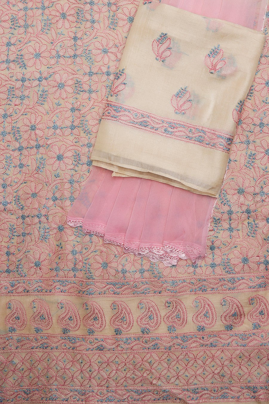 Ada Hand Embroidered Cream Tusser Silk Lucknowi Chikan Unstitched Suit Piece- A609368
