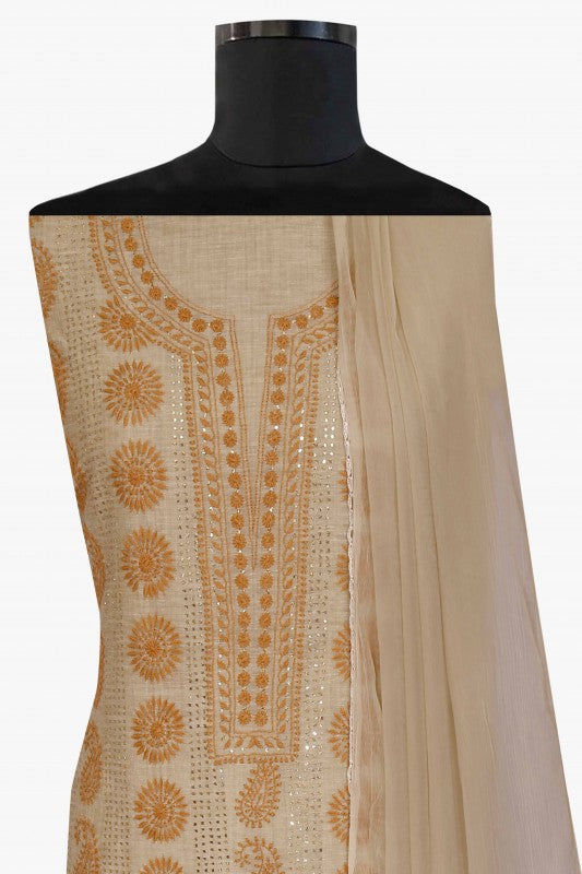 Ada Hand Embroidered Fawn Khadi Lucknowi Chikan Unstitched Suit Piece With Muqaish Work–A609251
