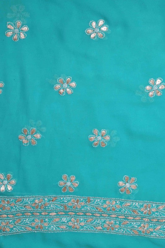 Ada Hand Embroidered Rama Green Georgette Lucknowi Chikan Unstitched Kurta Dupatta Set With Gota Patti Work A443924