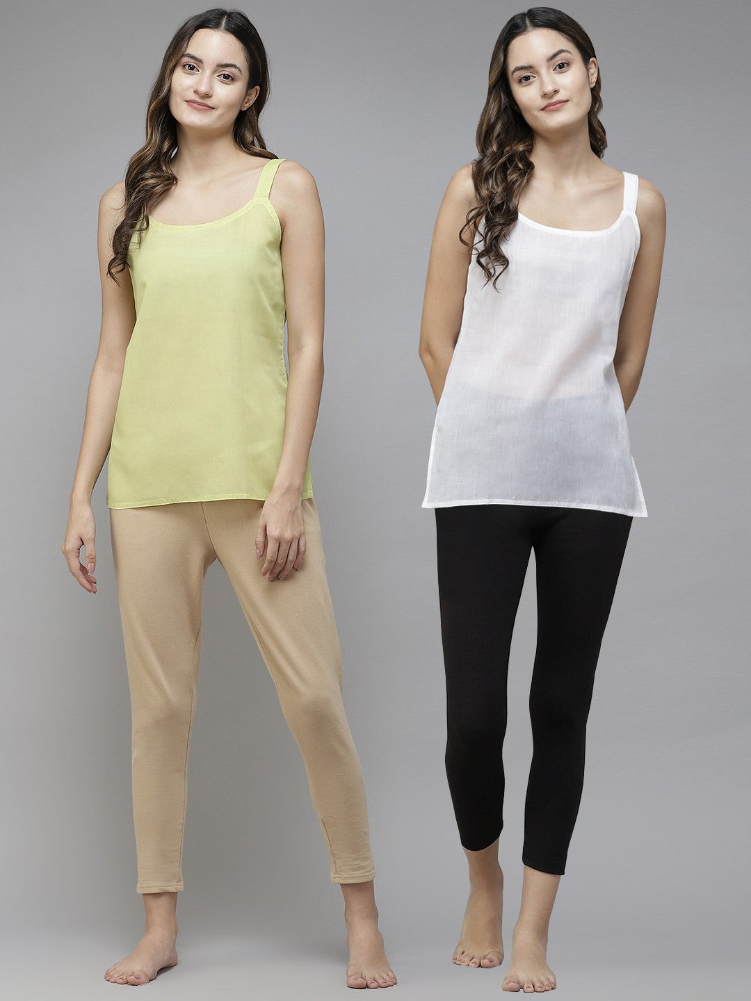 Ada White & Light Green Cotton Short Slips Combo of 2 A111167.