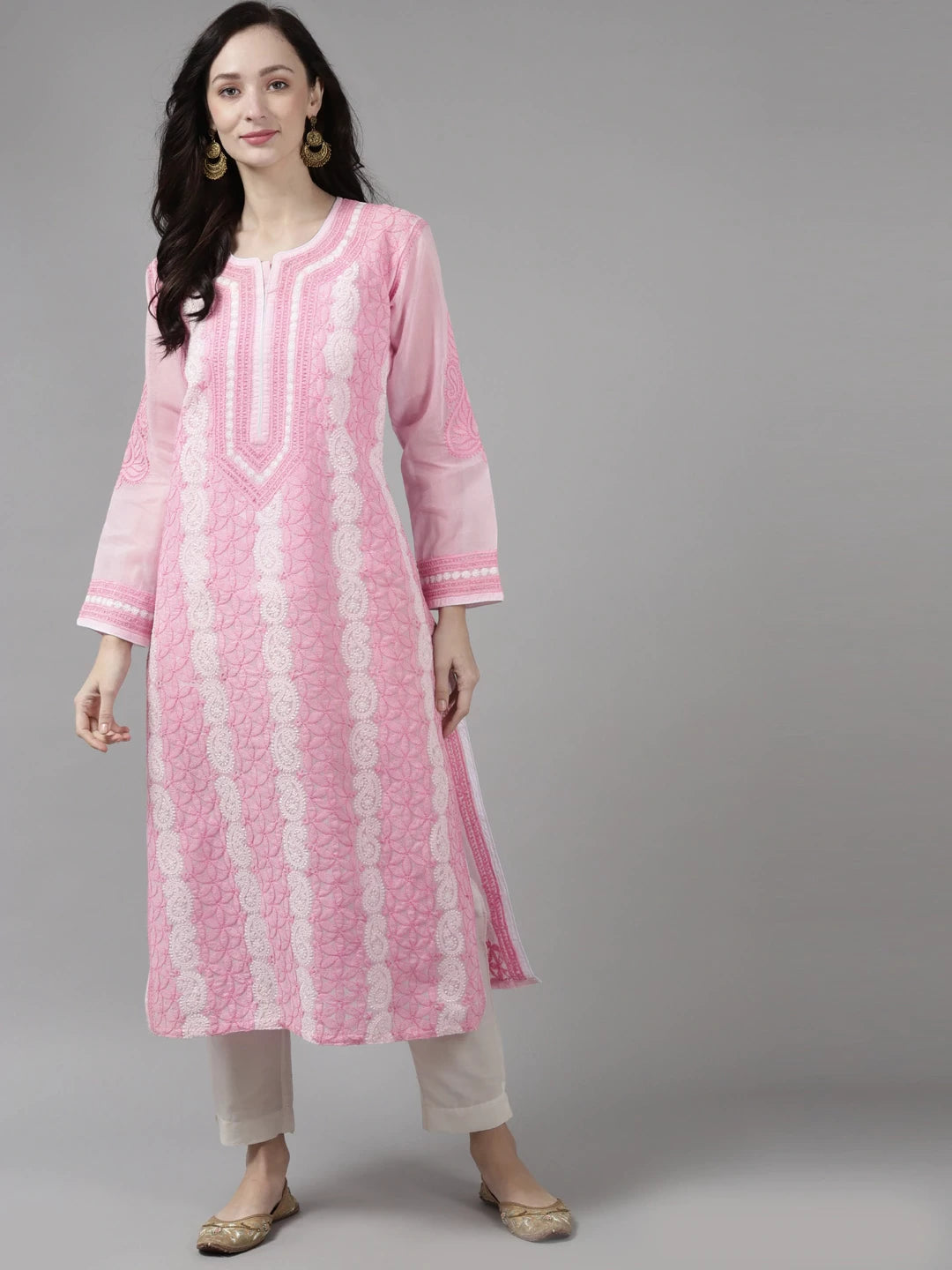 Ada Hand Embroidered Pink Cotton Lucknow Chikan Kurta- A411258