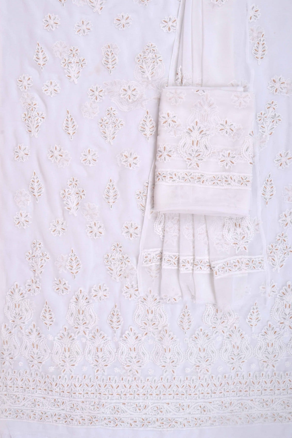 Ada Hand Embroidered White Georgette Lucknowi Chikankari Unstitched Suit Piece With Zari Work 01A69620